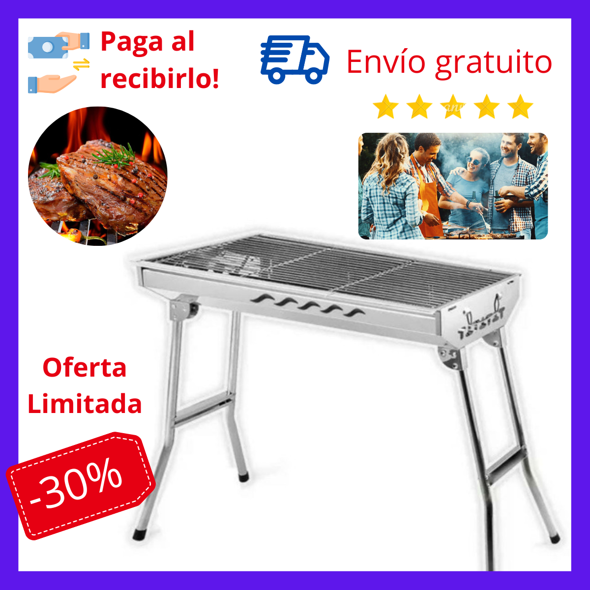 (🔥 HOT SALE! AHORA -30% DE DESCUENTO)  🔥🥩 Parrilla al carbón acero inoxidable modelo Sonora
